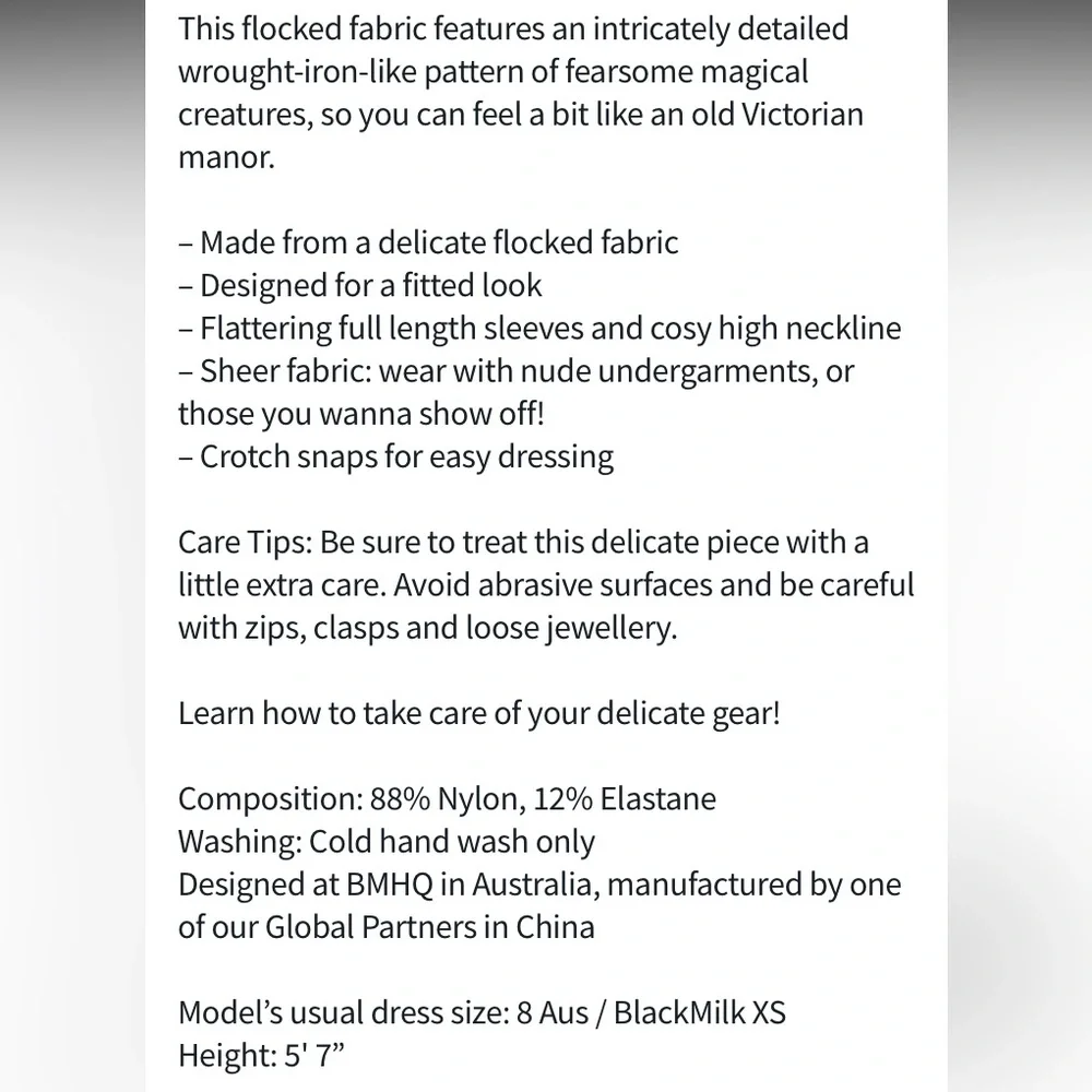 BLACKMILK Gothic Gates Sheer High Neck Long Sleeve BODYSUIT! - Picture 8 of 8